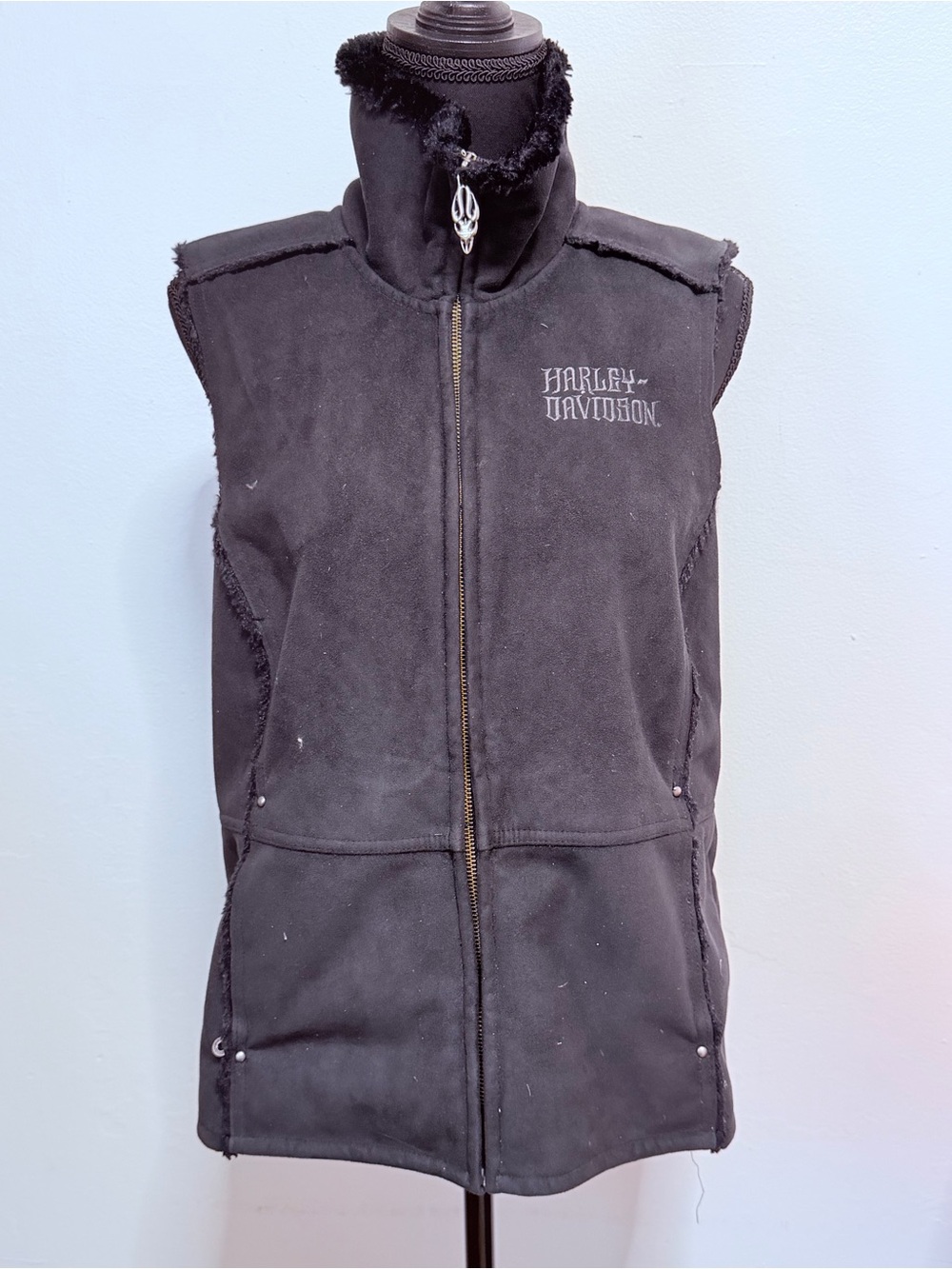 Harley-Davidson Black Shearling-Trim Suede Vest Large